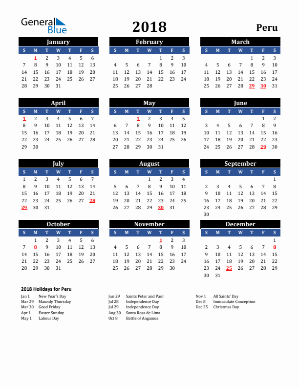 2018 Peru Holiday Calendar