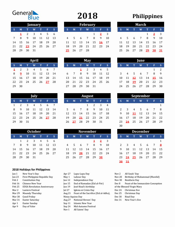 2018 Philippines Holiday Calendar