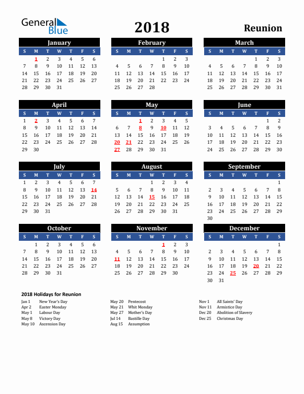 2018 Reunion Holiday Calendar