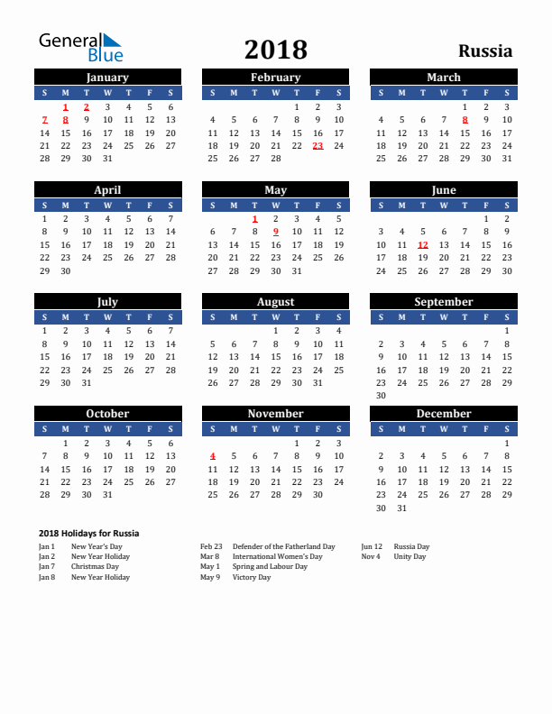2018 Russia Holiday Calendar