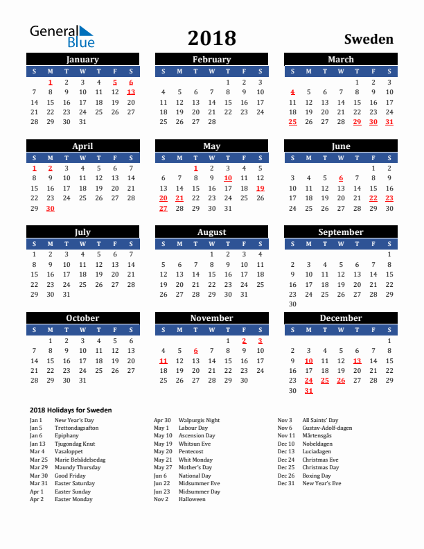 2018 Sweden Holiday Calendar