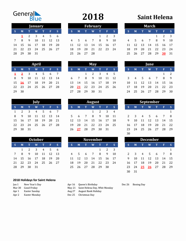 2018 Saint Helena Holiday Calendar