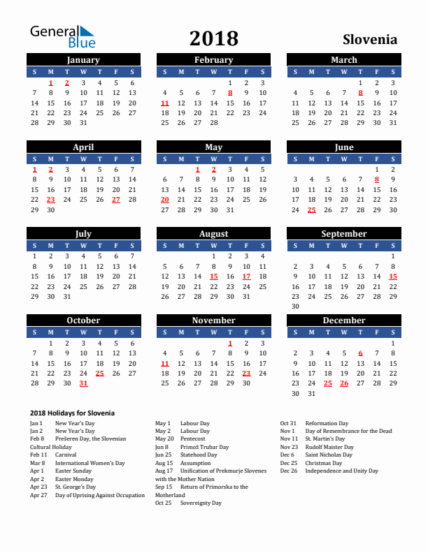 2018 Slovenia Holiday Calendar