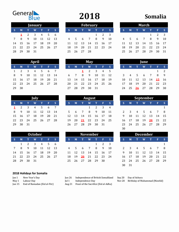 2018 Somalia Holiday Calendar