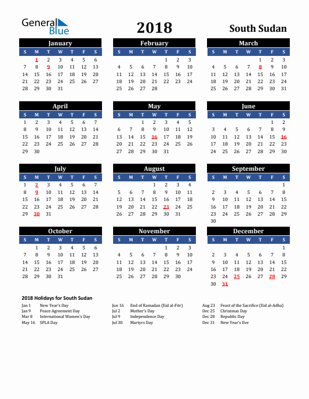 2018 South Sudan Holiday Calendar