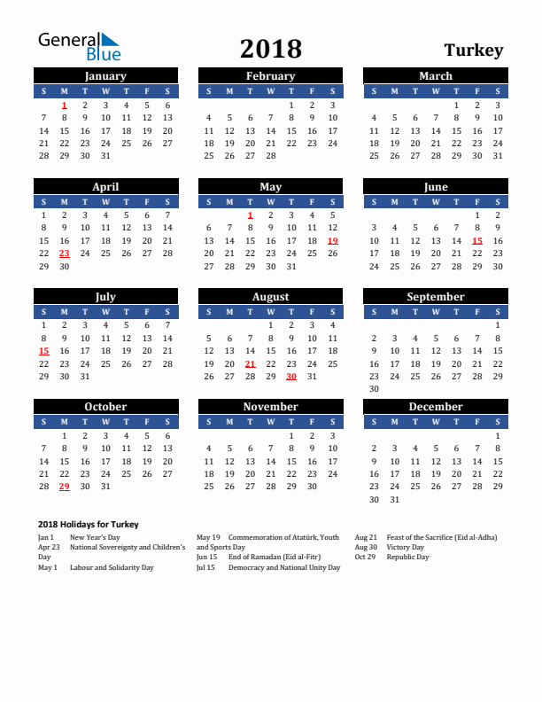 2018 Turkey Holiday Calendar