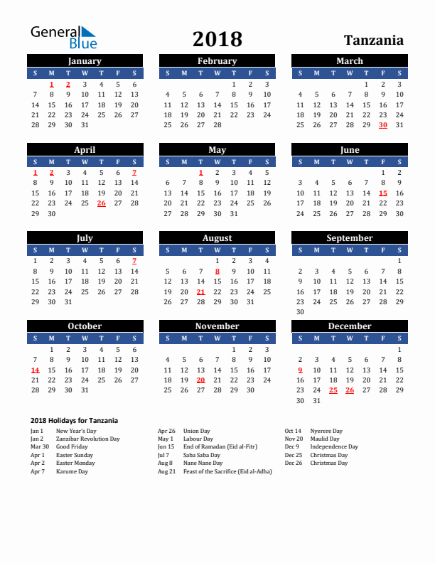 2018 Tanzania Holiday Calendar