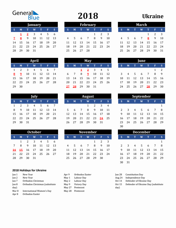 2018 Ukraine Holiday Calendar