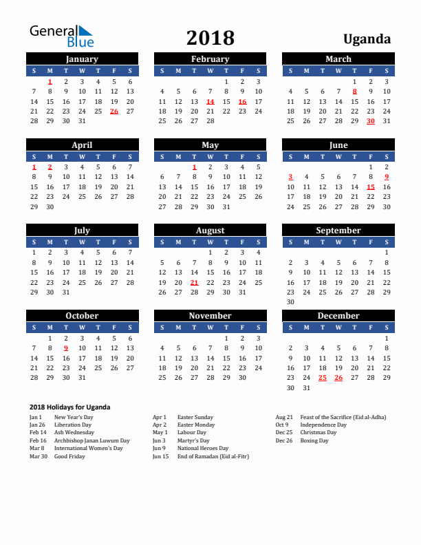 2018 Uganda Holiday Calendar