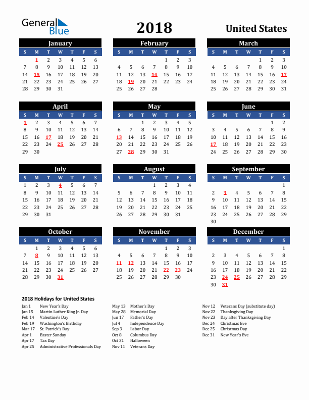 2018 United States Holiday Calendar