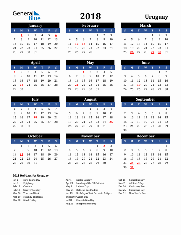 2018 Uruguay Holiday Calendar