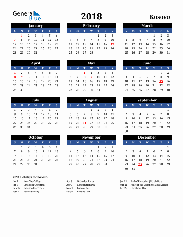 2018 Kosovo Holiday Calendar