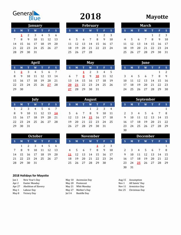 2018 Mayotte Holiday Calendar