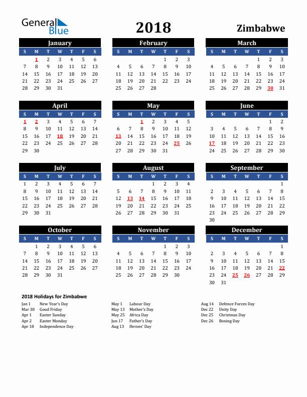 2018 Zimbabwe Holiday Calendar