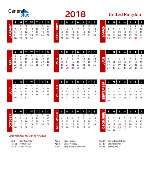 2018 United Kingdom Calendar with Holidays