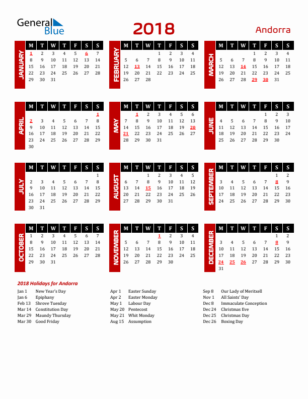 Download Andorra 2018 Calendar - Monday Start