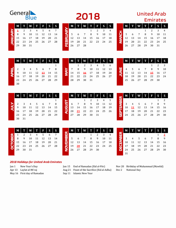 Download United Arab Emirates 2018 Calendar - Monday Start
