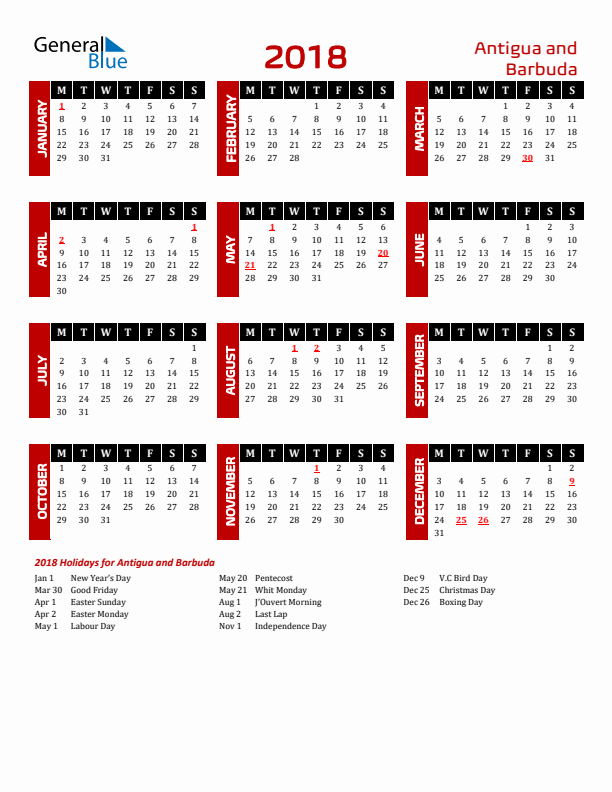Download Antigua and Barbuda 2018 Calendar - Monday Start