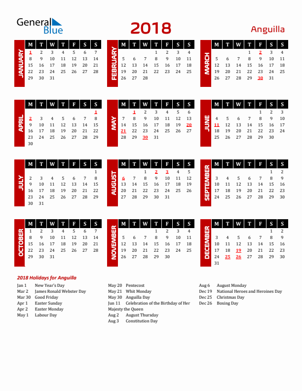 Download Anguilla 2018 Calendar - Monday Start