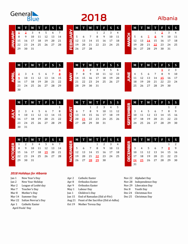 Download Albania 2018 Calendar - Monday Start