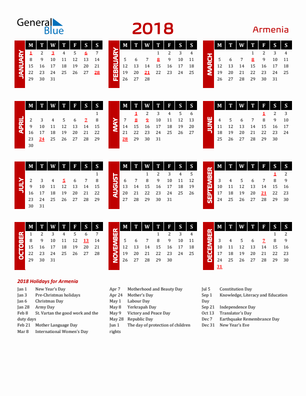 Download Armenia 2018 Calendar - Monday Start