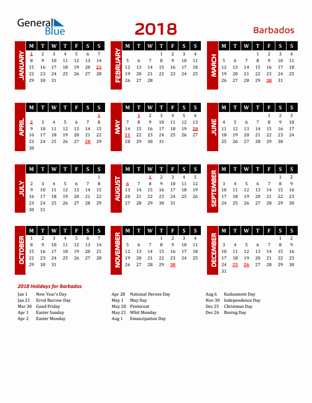 Download Barbados 2018 Calendar - Monday Start