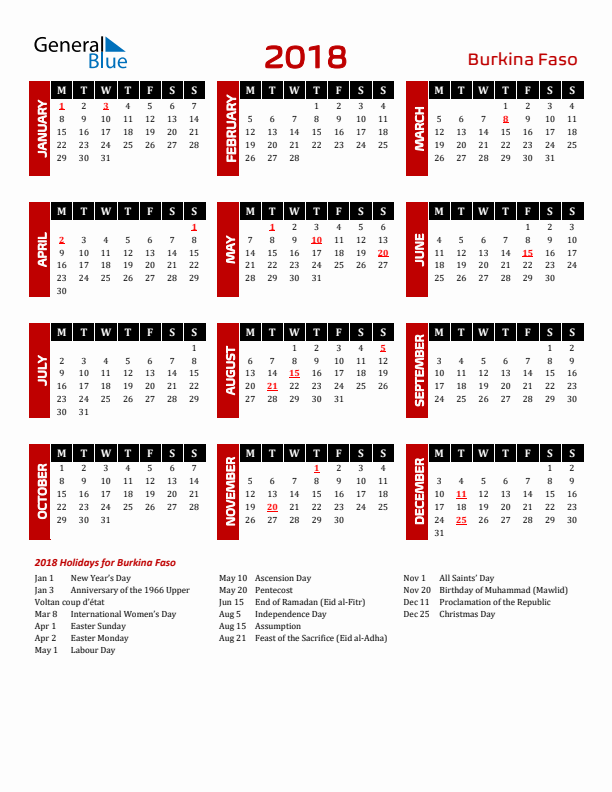 Download Burkina Faso 2018 Calendar - Monday Start
