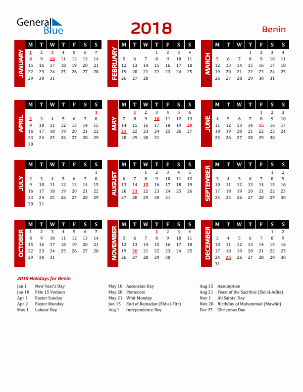 Download Benin 2018 Calendar - Monday Start