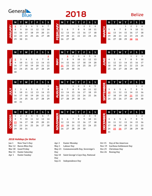 Download Belize 2018 Calendar - Monday Start