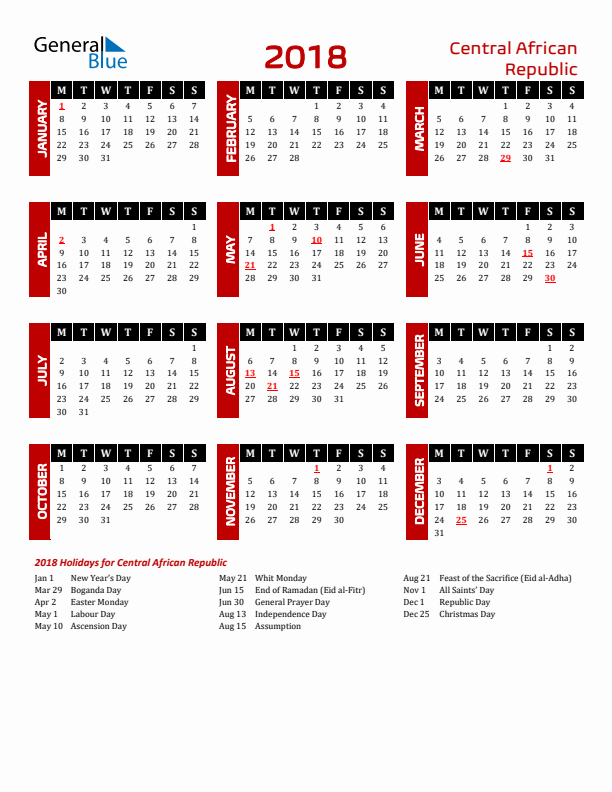 Download Central African Republic 2018 Calendar - Monday Start
