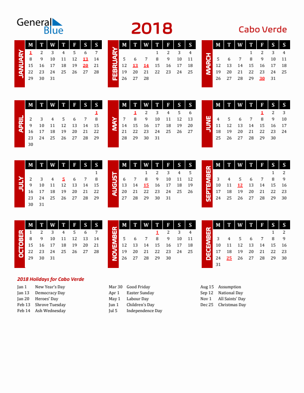 Download Cabo Verde 2018 Calendar - Monday Start