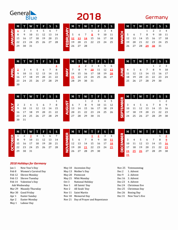 Download Germany 2018 Calendar - Monday Start