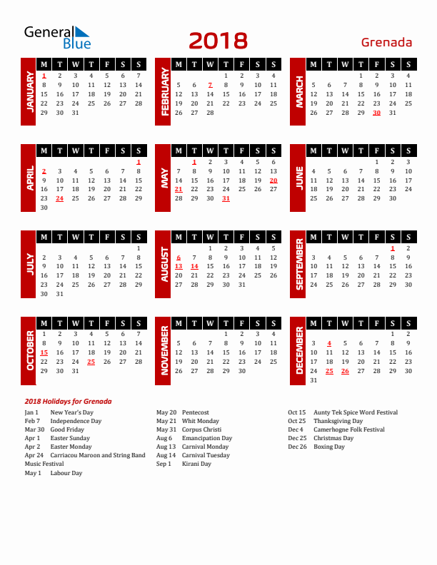 Download Grenada 2018 Calendar - Monday Start