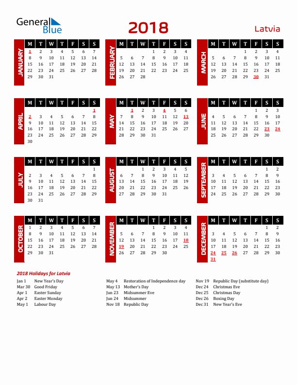 Download Latvia 2018 Calendar - Monday Start