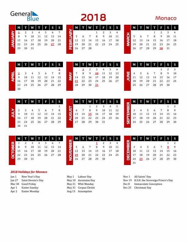 Download Monaco 2018 Calendar - Monday Start
