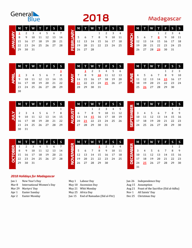 Download Madagascar 2018 Calendar - Monday Start