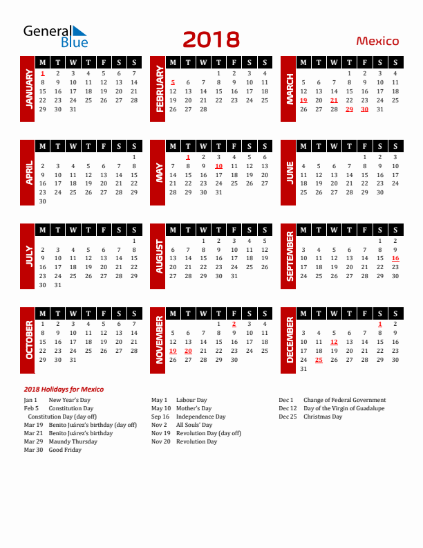 Download Mexico 2018 Calendar - Monday Start