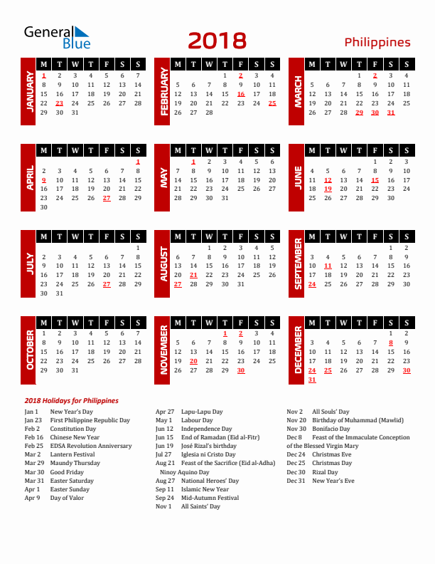 Download Philippines 2018 Calendar - Monday Start