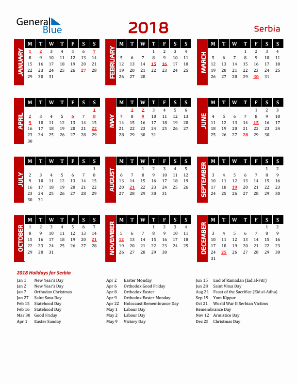 Download Serbia 2018 Calendar - Monday Start