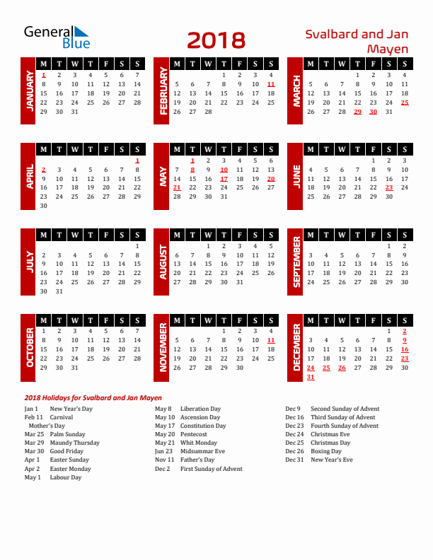 Download Svalbard and Jan Mayen 2018 Calendar - Monday Start