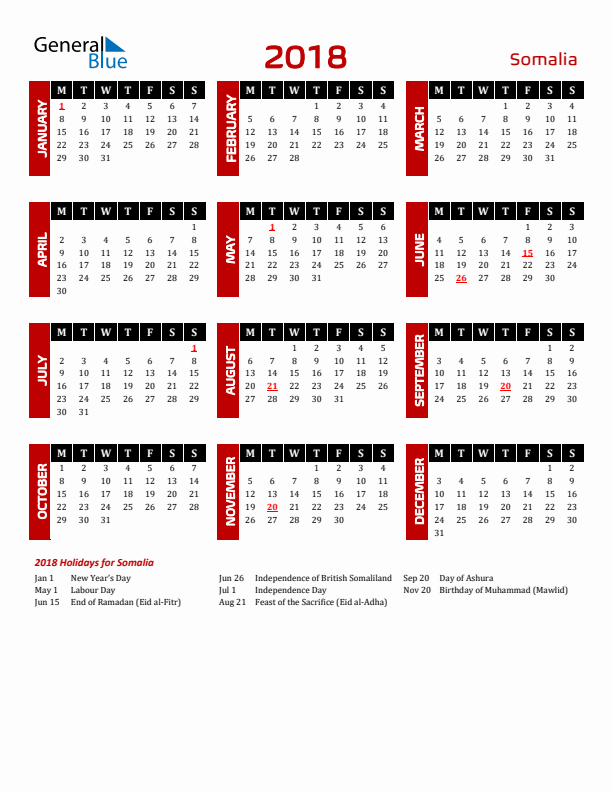 Download Somalia 2018 Calendar - Monday Start