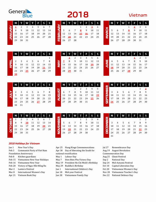 Download Vietnam 2018 Calendar - Monday Start
