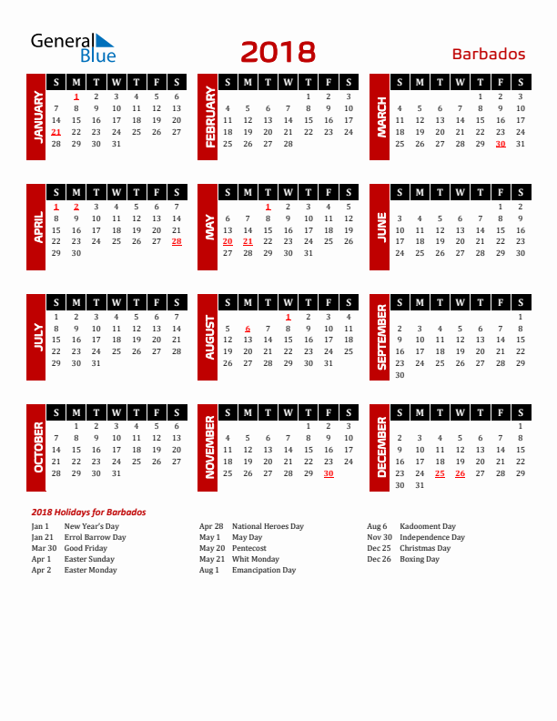 Download Barbados 2018 Calendar - Sunday Start