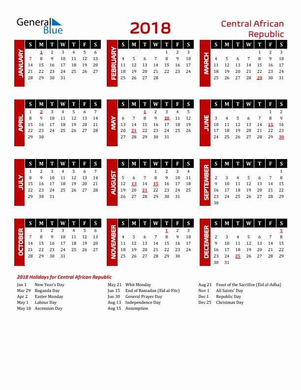Download Central African Republic 2018 Calendar - Sunday Start