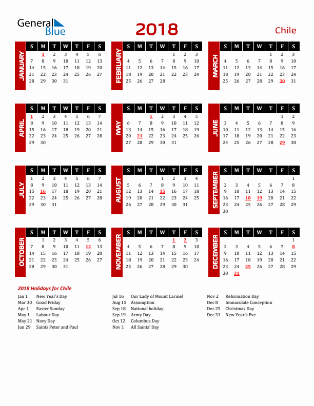 Download Chile 2018 Calendar - Sunday Start
