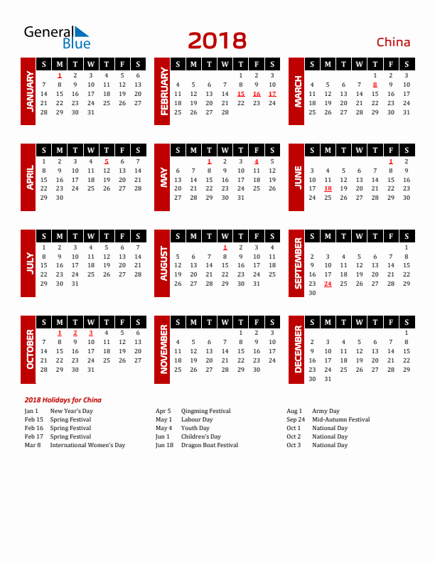 Download China 2018 Calendar - Sunday Start
