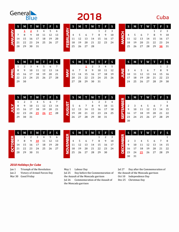 Download Cuba 2018 Calendar - Sunday Start