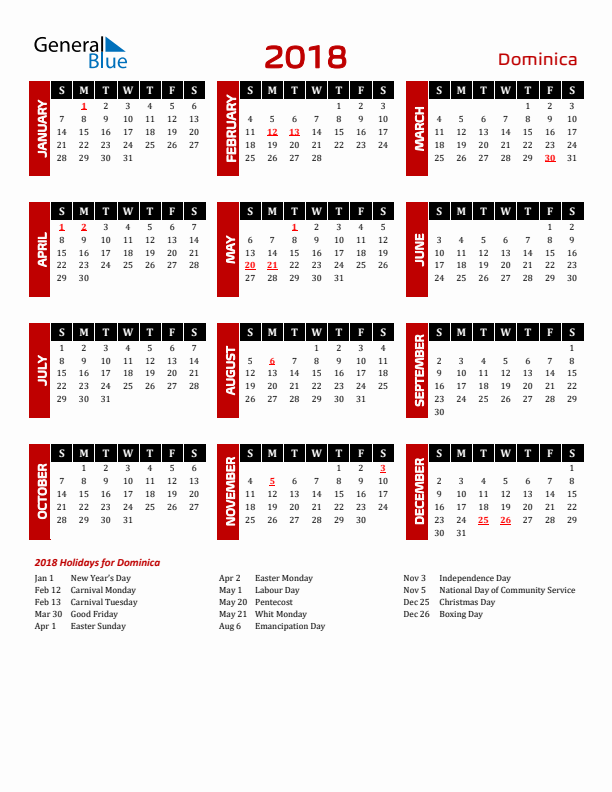 Download Dominica 2018 Calendar - Sunday Start