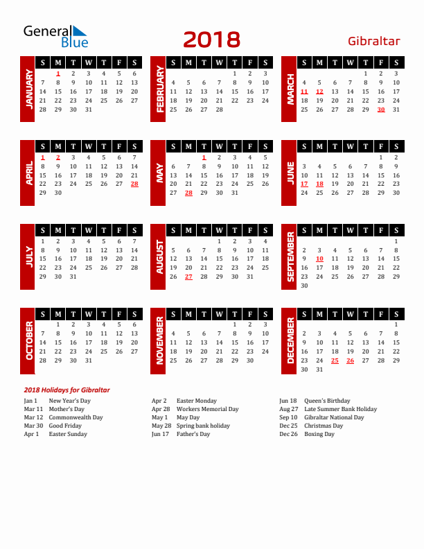 Download Gibraltar 2018 Calendar - Sunday Start