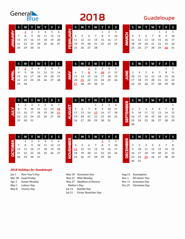 Download Guadeloupe 2018 Calendar - Sunday Start